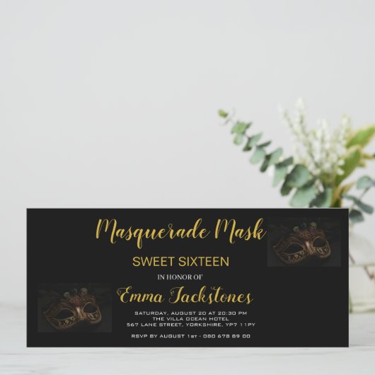 金ゴールドエレガント仮装マスクテーマSweet sixteen 招待状 (スタンド正面)