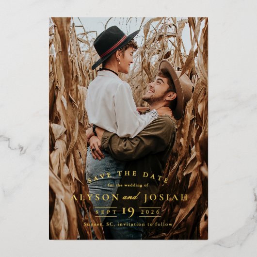 金ゴールドエレガント保存日付 箔招待状 (正面)