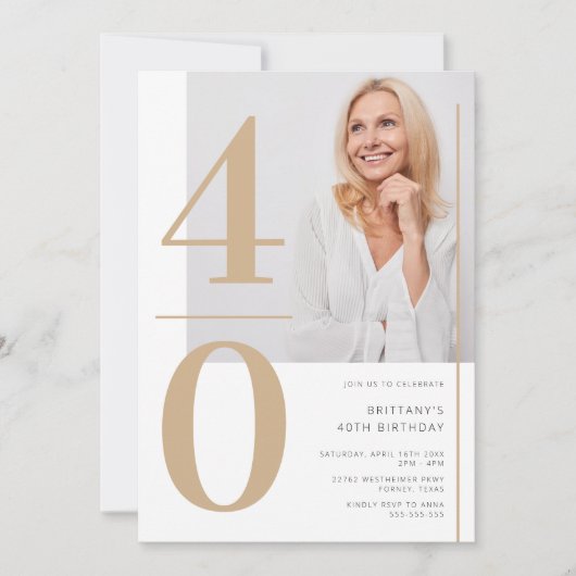 金ゴールドエレガント写真40歳の誕生日招待状 招待状 (正面)