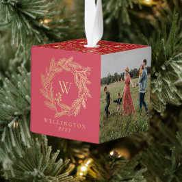 金ゴールドエレガント冬リースモノグラムレッド写真 キューブオーナメント