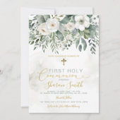 金ゴールドエレガント初の聖体拝領ホワイトフローラ 招待状 (正面)