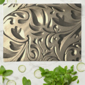 金ゴールドエレガント刻み金属ルックフローラ抽象芸術 キッチンタオル (折り畳み)