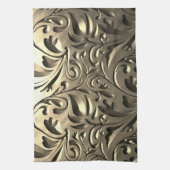 金ゴールドエレガント刻み金属ルックフローラ抽象芸術 キッチンタオル (縦)