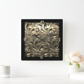 金ゴールドエレガント刻み金属ルックフローラ抽象芸術 スクエア壁時計 (ホーム)