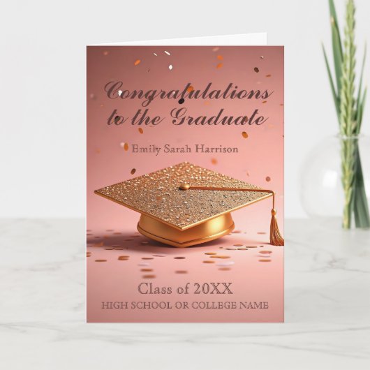 金ゴールドエレガント卒業キャップと紙吹雪付きピンク カード (正面)