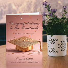 金ゴールドエレガント卒業キャップと紙吹雪付きピンク カード