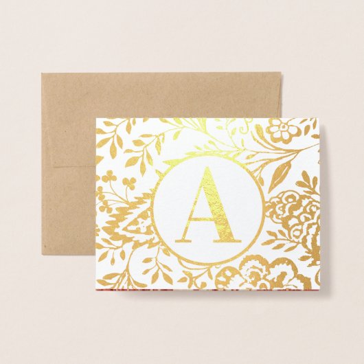 金ゴールドエレガント又は赤色フローラモノグラム 箔カード (封筒付き正面)