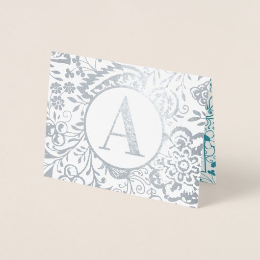 金ゴールドエレガント又は銀ティール（緑がかった色）フローラモノグラム 箔カード (正面)