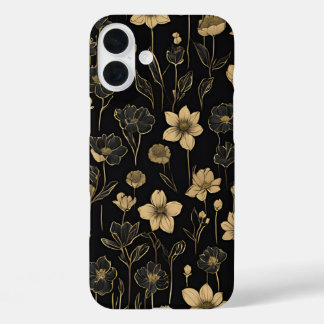 金ゴールドエレガント及び黒色花柄 iPhone 16 PLUSケース