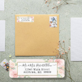 金ゴールドエレガント台本の植物性ピンクのバラと緑 ラベル