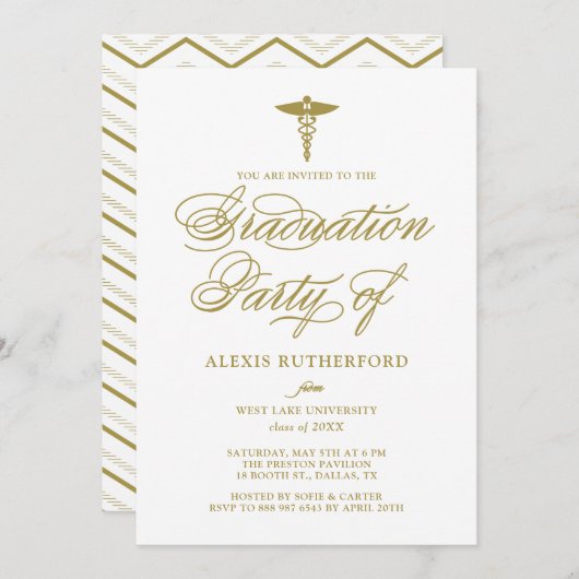 金ゴールドエレガント台本メディカルスクール卒業 招待状 (正面/裏面)