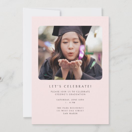 金ゴールドエレガント型アーチ赤面ピンク卒業写真 案内状 (裏面)