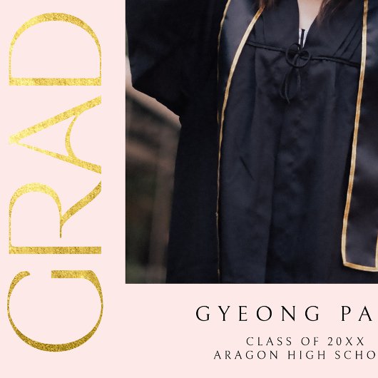 金ゴールドエレガント型アーチ赤面ピンク卒業写真 案内状