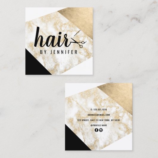 金ゴールドエレガント大理石グリッターの髪型 スクエア名刺 (正面/裏面)