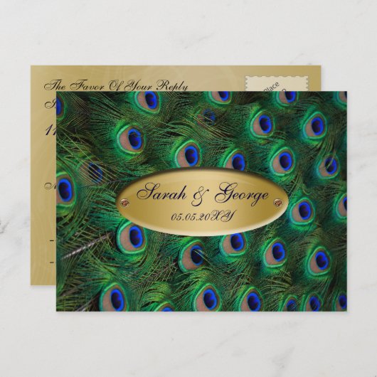 金ゴールドエレガント孔雀ウェディングRSVP インビテーションポストカード (正面/裏面)