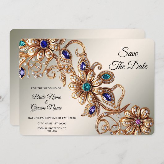 金ゴールドエレガント宝石の花が日付を保存 セーブザデート (正面/裏面)