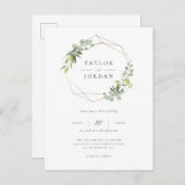 金ゴールドエレガント幾何学ユーカリ結婚ー緑 インビテーションポストカード (正面/裏面)