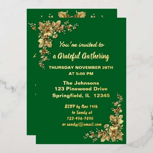 金ゴールドエレガント感謝祭フォイルインビタ 箔招待状 (正面/裏面)