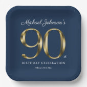 金ゴールドエレガント文字カスタムネイビーブルー90th誕生日 ペーパープレート (正面)