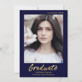 金ゴールドエレガント文字ダークブルー大学院写真 案内状 (正面)