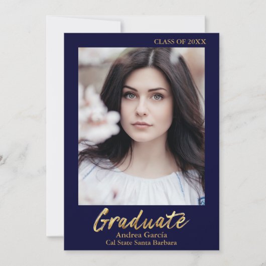 金ゴールドエレガント文字ダークブルー大学院写真 案内状 (正面)