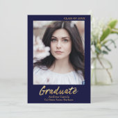 金ゴールドエレガント文字ダークブルー大学院写真 案内状 (スタンド正面)