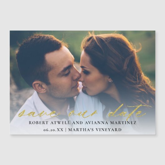 金ゴールドエレガント文字写真結婚式の日付の保存 マグネット招待状 (正面)