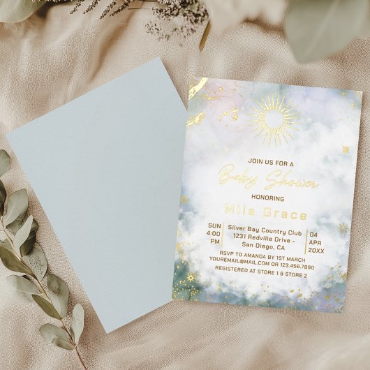 金ゴールドエレガント星の夜空の赤ちゃんシャワー 箔招待状ポストカード
