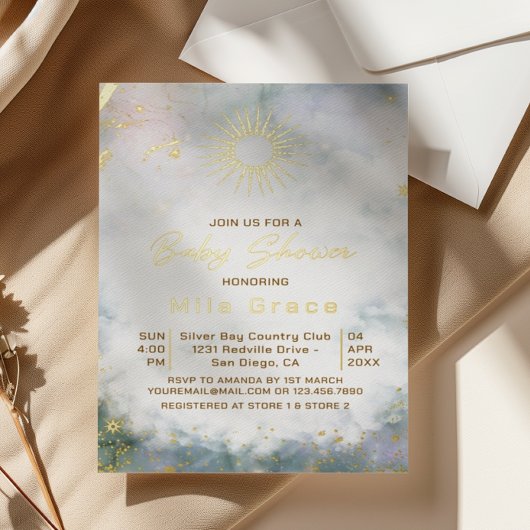 金ゴールドエレガント星の夜空の赤ちゃんシャワー 箔招待状ポストカード