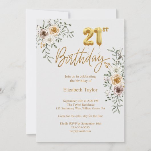 金ゴールドエレガント書道と花模様21歳の誕生日 招待状 (正面)