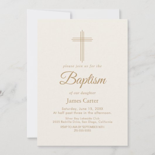 金ゴールドエレガント書道クリームクロスバプテスマ 招待状 (正面)