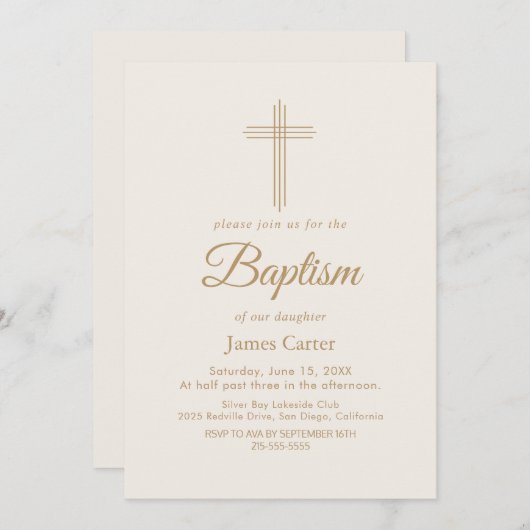 金ゴールドエレガント書道クリームクロスバプテスマ 招待状 (正面/裏面)