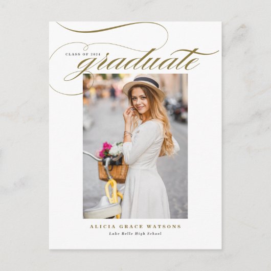 金ゴールドエレガント書道写真卒業 インビテーションポストカード (正面)