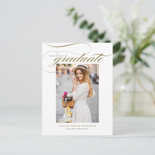 金ゴールドエレガント書道写真卒業 インビテーションポストカード (スタンド正面)
