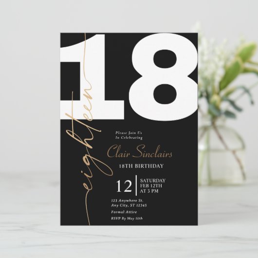 金ゴールドエレガント書道18th誕生日パーティーの招待 招待状 (スタンド正面)