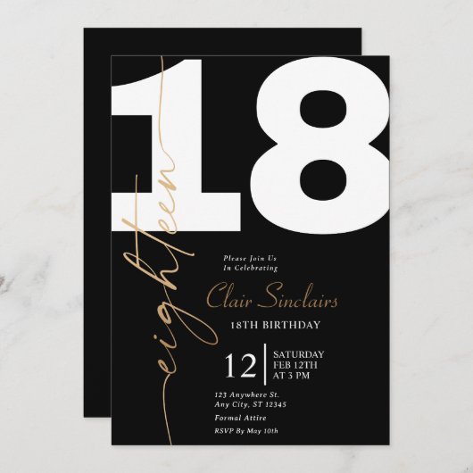 金ゴールドエレガント書道18th誕生日パーティーの招待 招待状 (正面/裏面)