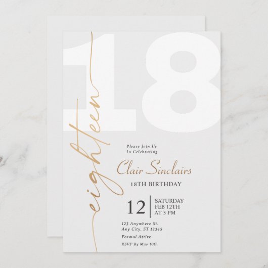 金ゴールドエレガント書道18th誕生日パーティー 招待状 (正面/裏面)