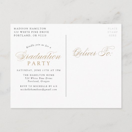 金ゴールドエレガント書道4写真卒業パーティー インビテーションポストカード (裏面)