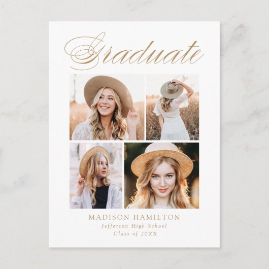 金ゴールドエレガント書道4写真卒業パーティー インビテーションポストカード (正面)