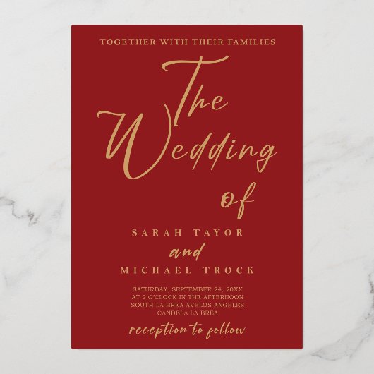 金ゴールドエレガント書 |赤い結婚式招待状 箔招待状 (正面)