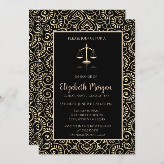 金ゴールドエレガント曼荼羅法律学校卒業党 招待状 (正面/裏面)