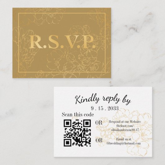 金ゴールドエレガント植物型QR RSVPエンクロージャカード エンクロージャーカード (正面/裏面)