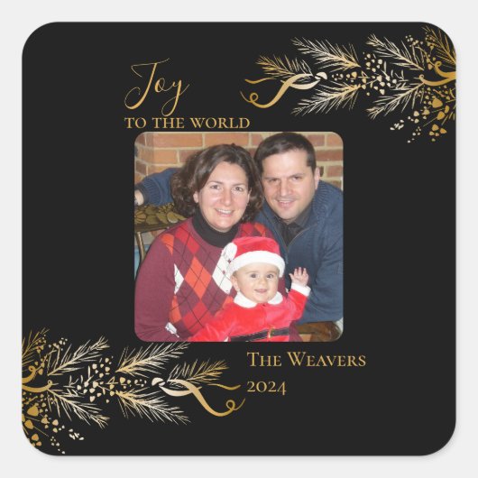 金ゴールドエレガント植物学ユニークの喜びクリスマス写真 スクエアシール (正面)