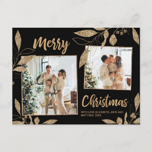 金ゴールドエレガント植物学2フォトコラージクリスマス ポストカード (正面)
