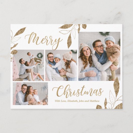 金ゴールドエレガント植物学4フォトコラージクリスマス ポストカード (正面)