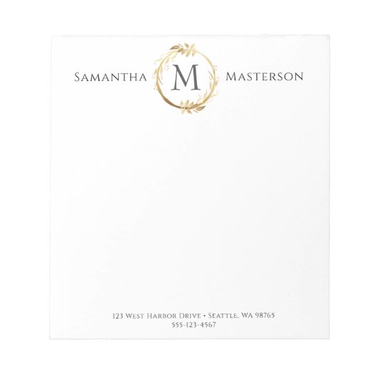 金ゴールドエレガント植物性リースモノグラムイニシャル ノートパッド (正面)