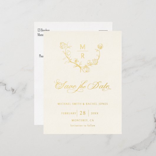 金ゴールドエレガント植物書記日付を保存 箔招待状ポストカード (正面/裏面)