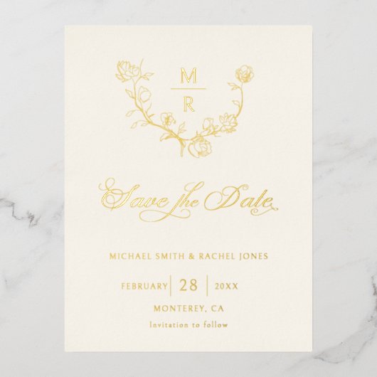 金ゴールドエレガント植物書記日付を保存 箔招待状ポストカード (正面)