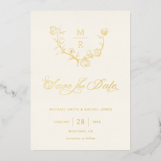 金ゴールドエレガント植物書記日付を保存 箔招待状 (正面)