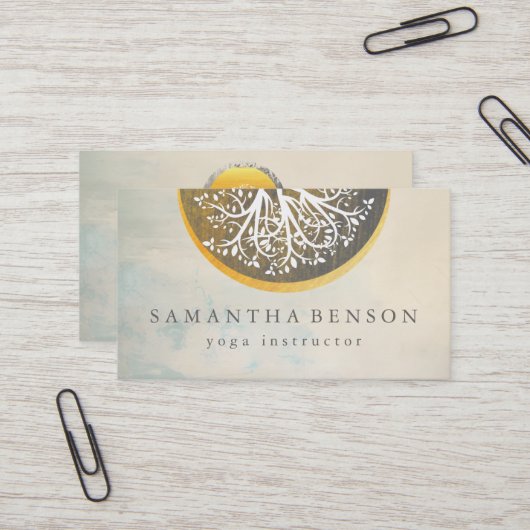 金ゴールドエレガント水の色の木ヨガと瞑想B 名刺 (正面/裏面インサイチュ)